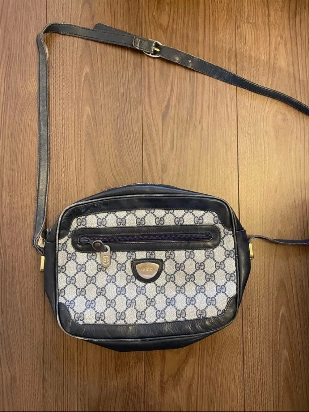 Gucci Navy GG Canvas Crossbody with Dark Leather Trim